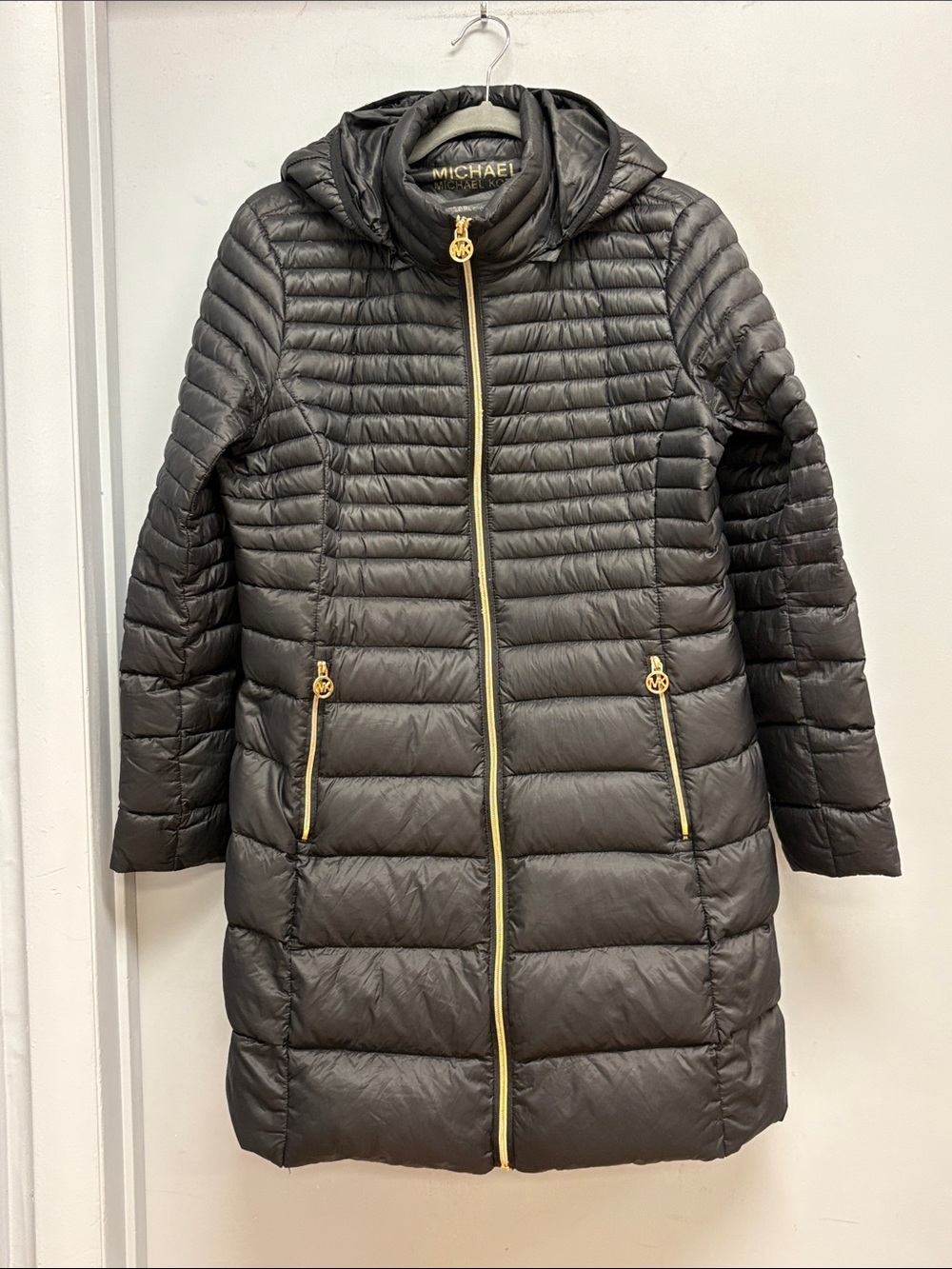 Michael Kors Packable Down Puffer Coat Black Removable Hood Size Large